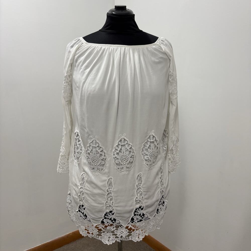 Rue21 Womens M White Crochet Lace Tunic Blouse 3/4 Sleeve Boho Festival Top